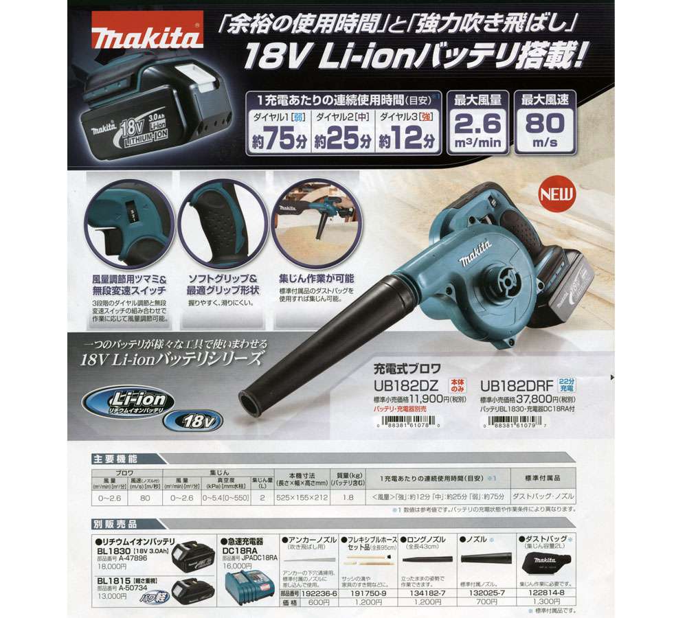 マキタ UB182DRF 18V充電式ブロワ(バッテリー・充電器付) ウエダ金物【公式サイト】