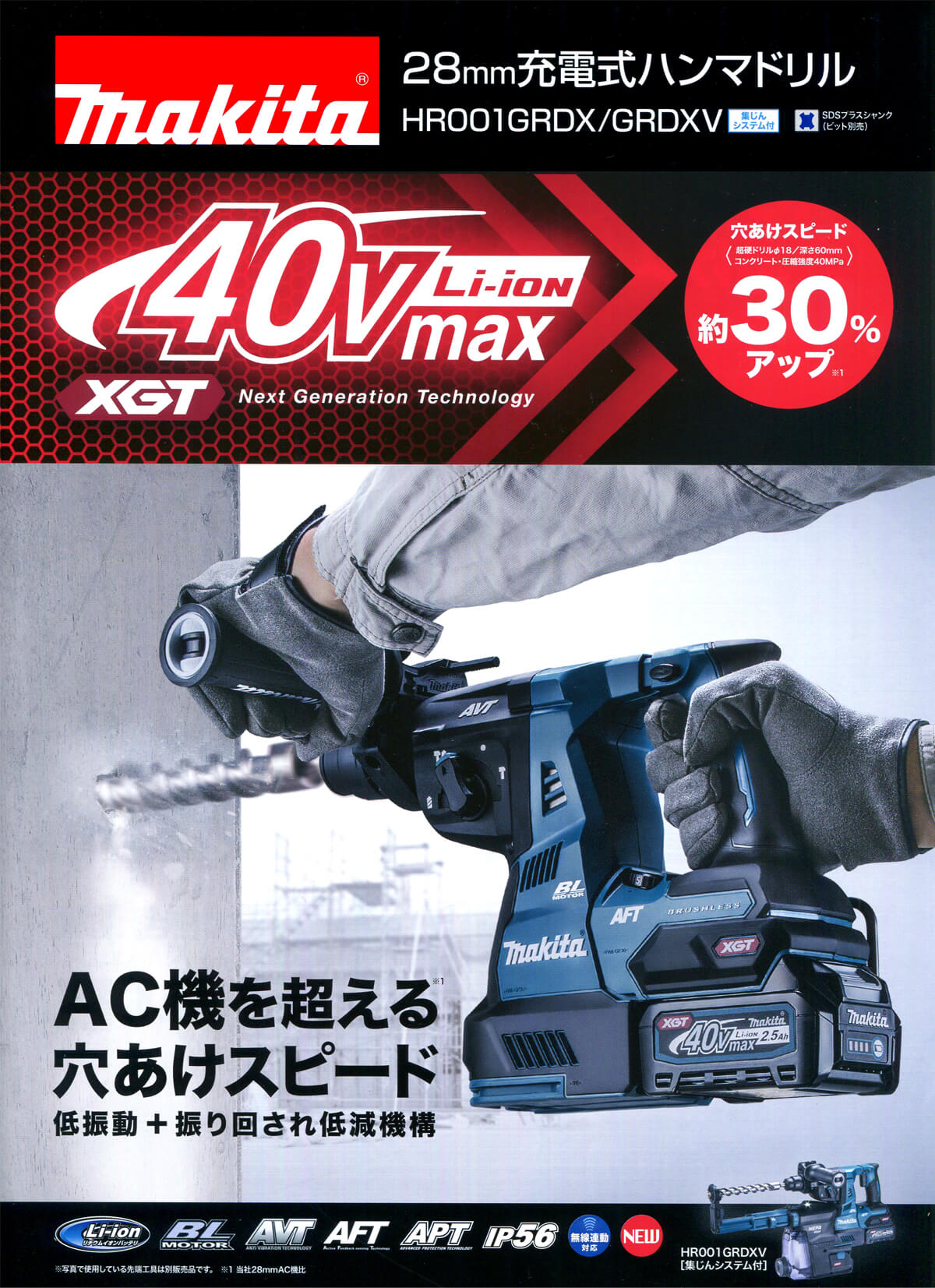 マキタ HR001GRDXV 40Vmax 28mm充電式ハンマードリル(集塵システム付) ウエダ金物【公式サイト】