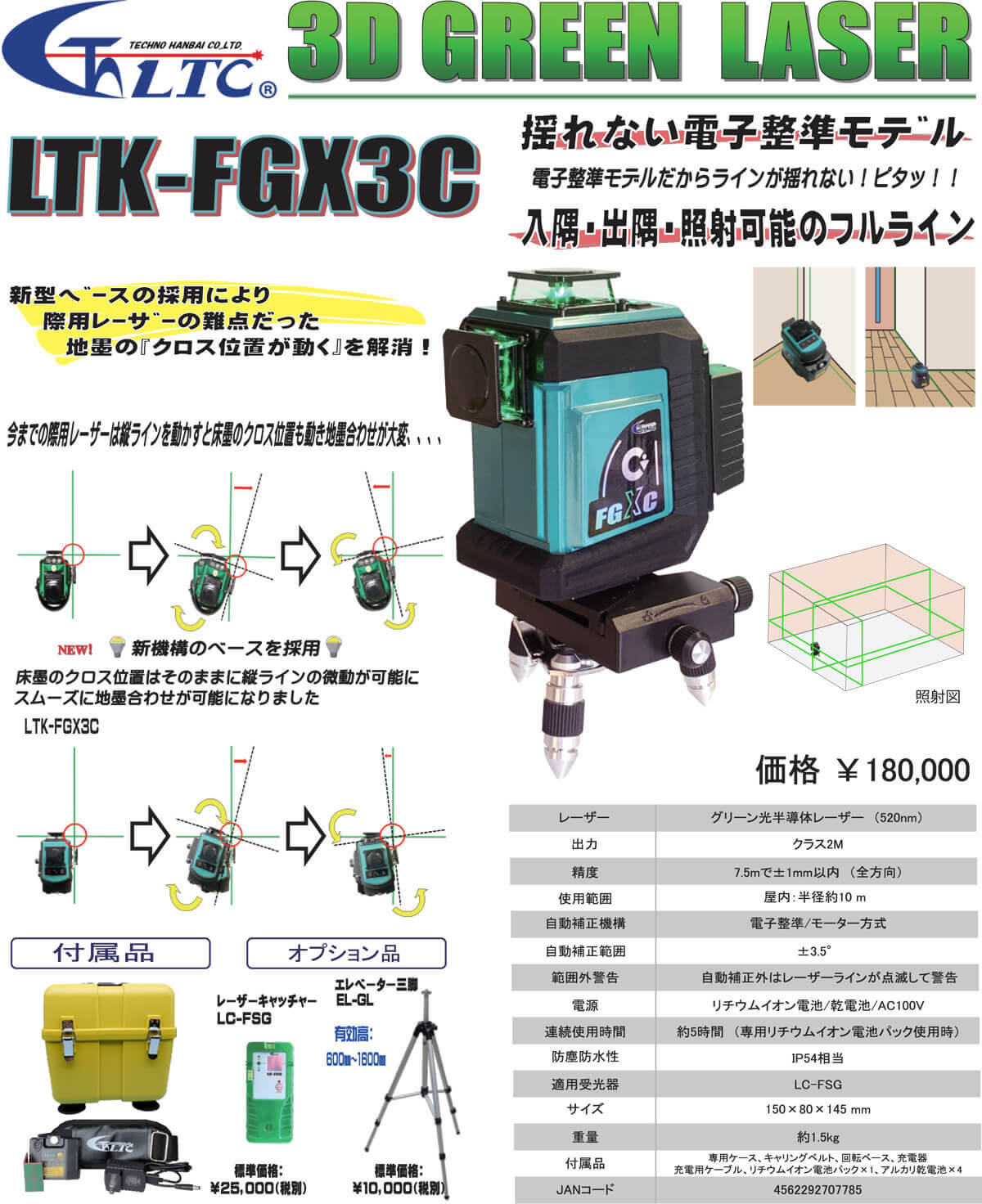 テクノ販売 グリーンレーザー 墨出し器 受光器 - 工具/メンテナンス