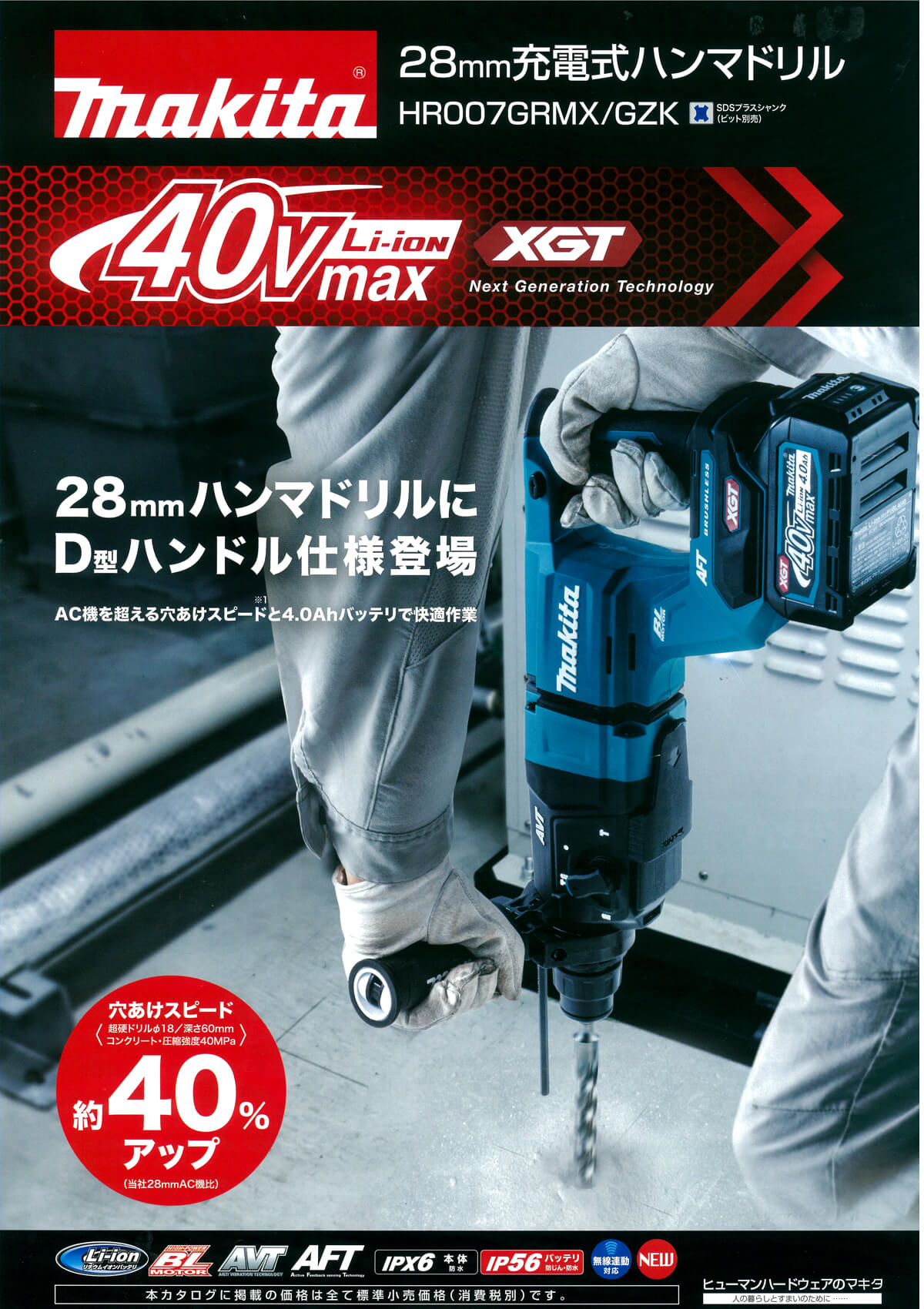 日本最大のブランド マキタ 40Ｖ充電式ハンマドリル 28mm 2.5Ahバッテリ カラー：青 黒 HR001GRDXV 